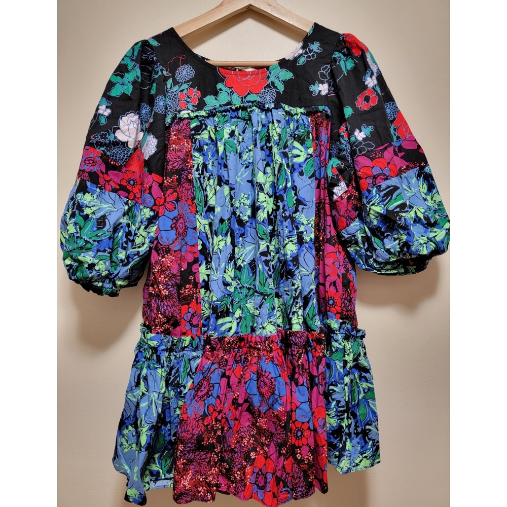Free People × Prairie Field Mini Dress Floral Print Black Red Blue Green - Picture 4 of 7